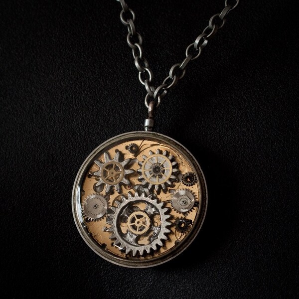 Steampunk Antique Watch Gear and Movement Resin Necklace