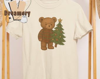 Vintage Christmas Teddy Bear Shirt, Cozy Retro Holiday Tee, Vintage Christmas Shirt, Plaid Bear Tee,  Teddy Bear Christmas