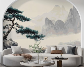 Zen Misty Mountain Pine Mural - Traditional Oriental Ink Style | VIVAWALLS