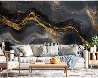 Black and Gold Marble Vein : Modern Luxury Home Decor Wallpaper Mural | Peel and Stick | Modern Wallpaper | Removable Wall Decor