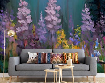 Mural impressionista de um campo de tremoços roxos | Papel de parede com arte floral em tons melancólicos ao entardecer | VIVAWALLS