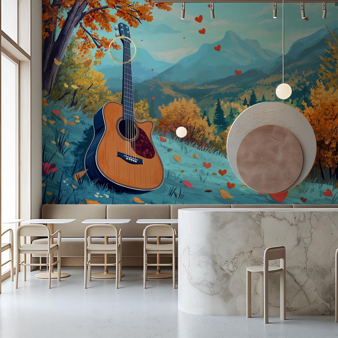 Autumn Melody Mural Wallpaper | Idyllic Guitar Landscape｜vivawalls - Etsy