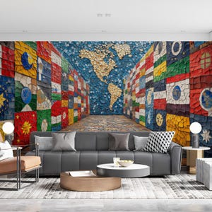 Weltkarte Mosaik Wandbild Tapete im Wohnzimmer | Verschiedene Farben (Blau, Rot, Gelb, etc.) von World Map｜Vivawalls