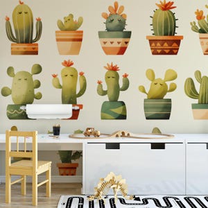 Carta da parati murale con motivo di cactus carino / Cactus verde, arancione e beige｜Vivawalls
