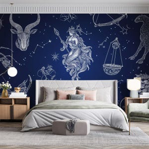 Zodiac - hemelse kaart muurschildering behang | Donkerblauwe, witte sterrenbeelden (Vivawalls)