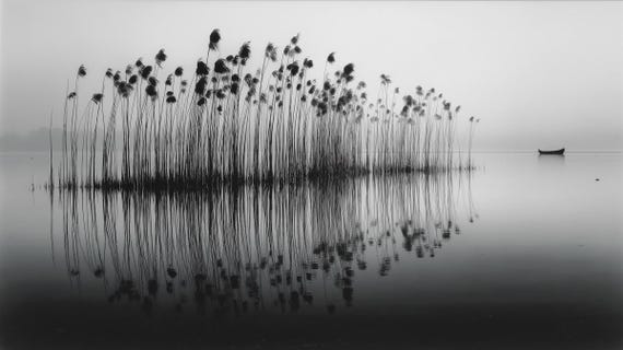 静かな葦原湖の壁紙 | ボートのある穏やかなモノクロ風景 - Etsy