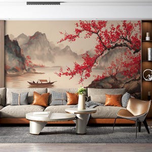 Papier peint mural Fleurs de prunier rouges | Paysage chinois traditionnel avec bateau