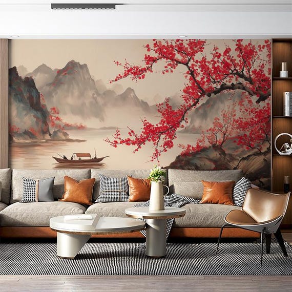 赤い梅の花の壁画壁紙 | ボートのある伝統的な中国の風景 - Etsy 日本