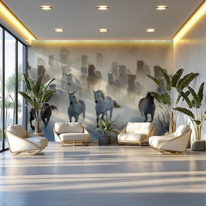 Papier peint chevaux sauvages dans la neige, décoration murale troupeau en course dynamique, art animalier hiver sauvage, décoration murale puissance et liberté