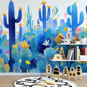 Carta da parati murale con cactus del deserto blu / Cactus blu, giallo e verde｜Vivawalls