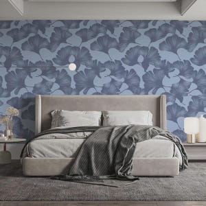 Carta da parati con foglie di ginkgo blu, elegante murale botanico per camera da letto, carta da parati con motivo a foglie calme da staccare e attaccare