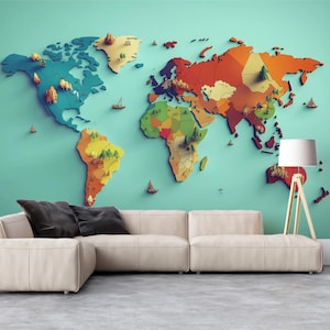 3D-muurschildering wereldkaart op kantoor | Verschillende kleuren (blauw, oranje, enz.) van de wereldkaart (Vivawalls)