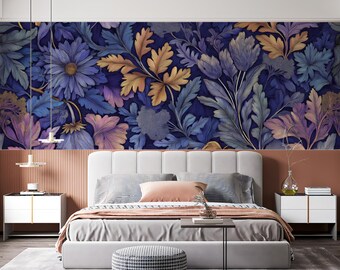 Elegante Fototapete mit floralem Blattmuster fürs Schlafzimmer | Selbstklebend | Botanische Tapete | Abnehmbare Wanddekoration