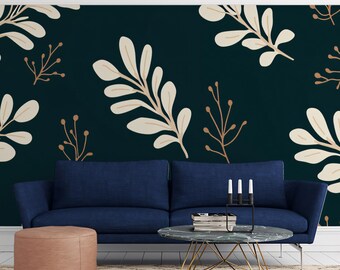 Dark Green Botanical Leaf Wallpaper: Minimalist Plant Mural (Peel and Stick)