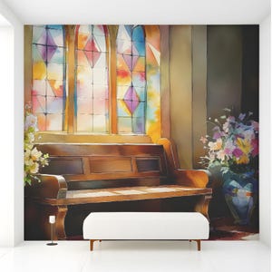 May include: A wall mural depicting a wooden church pew positioned in front of a large stained glass window with diamond patterns in purple, yellow, and blue. A white bench sits in the foreground, with floral arrangements on both sides.