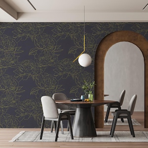 Dark Blue Peony Wallpaper: Elegant Floral Line Art Wall Mural