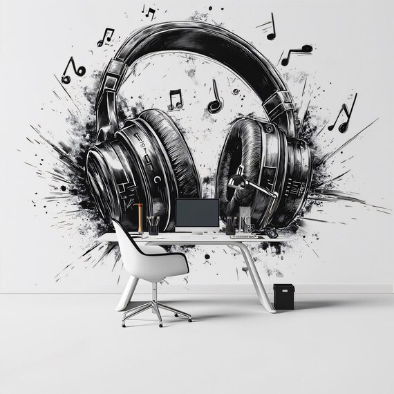 Headphones Music Note Wall Mural: Abstract Peel and Stick Art - Etsy