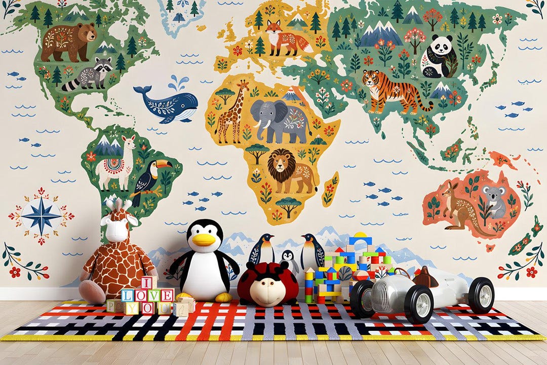 Illustrated World Map Mural Wallpaper for Playrooms - Etsy France
