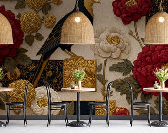 Vintage Chinoiserie-tapet med fågel och pion | Traditionell orientalisk blomtapet | VIVAWALLS