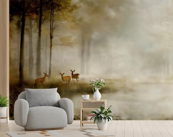 Misty Morning Deer Forest-muurschildering - etherische natuurolieverfschilderij | VIVAWALLS