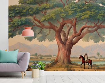 Mural de un majestuoso árbol de acacia con jinete - Arte vintage de la sabana africana / VIVAWALLS