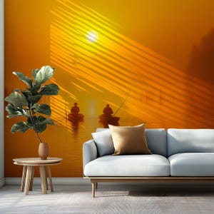 Golden Sunrise Fishing Wallpaper: Minimalist Lake Scene Mural