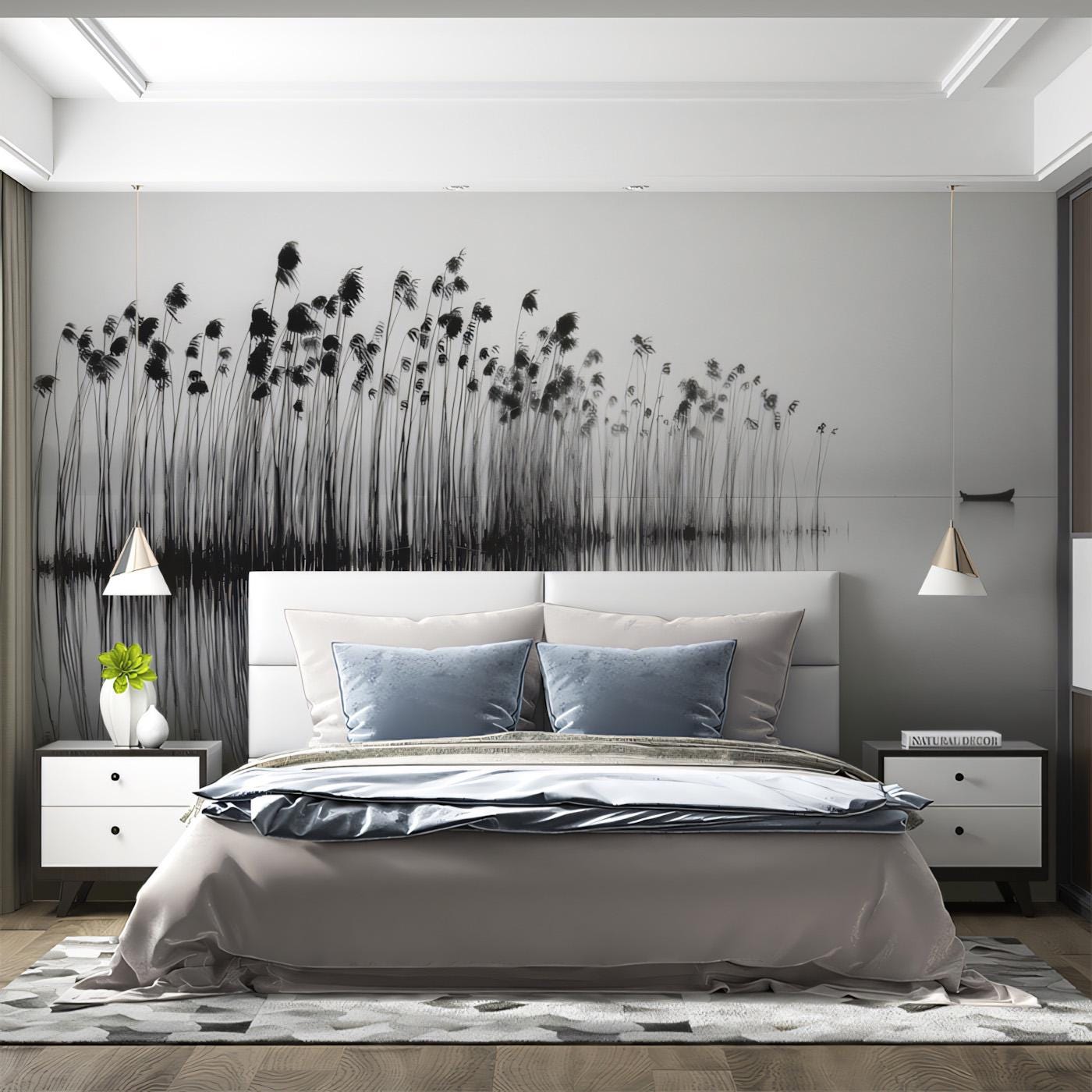 静かな葦原湖の壁紙 | ボートのある穏やかなモノクロ風景 - Etsy 日本