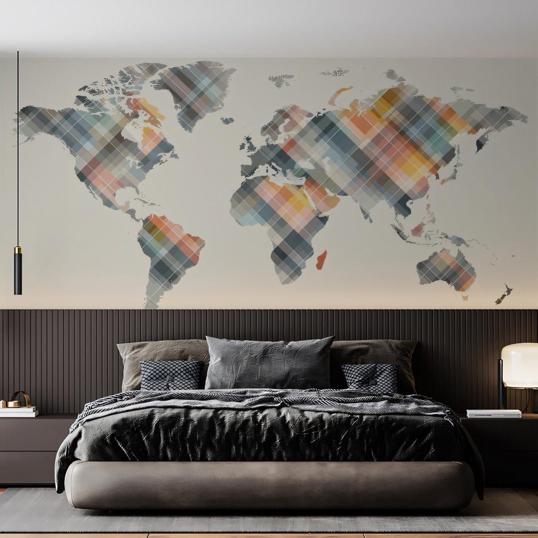 Pixel World Map Mural | Abstract Geometric Earth Tones Wallpaper - Etsy