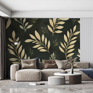 Leaf Pattern Wallpaper, Dark Green Botanical Mural with Golden Cream Leaves, Elegant Nature-Inspired Wall Decor for Modern Interiors
