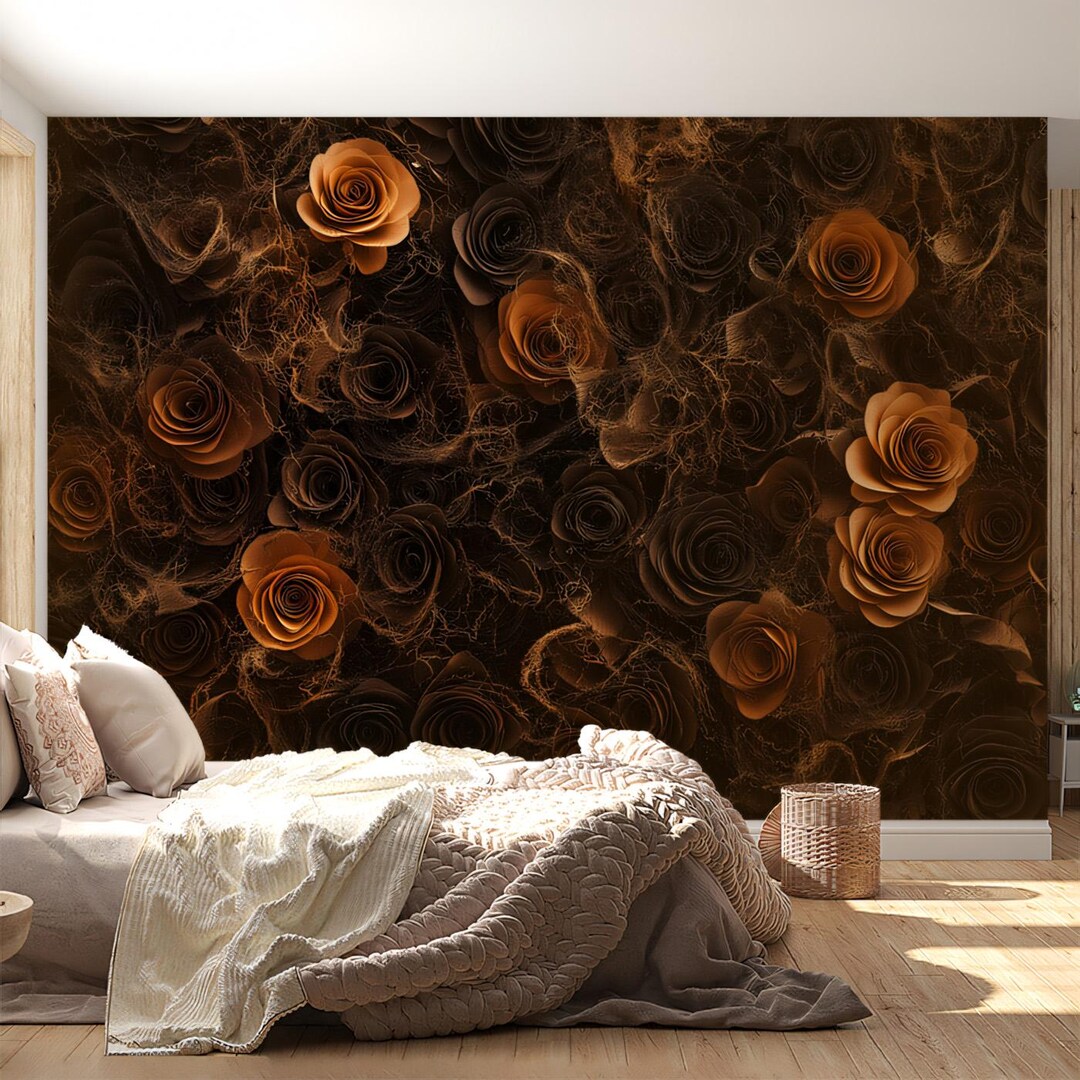 Dark Rose Mural Wallpaper, Luxury Black and Bronze Floral Wall Decor ...