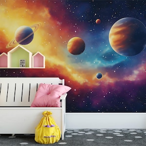 Cartoon Space Scene Wallpaper in Child's Room | Various Colors of Space (Pink, Yellow, Blue, etc.)｜Vivawalls