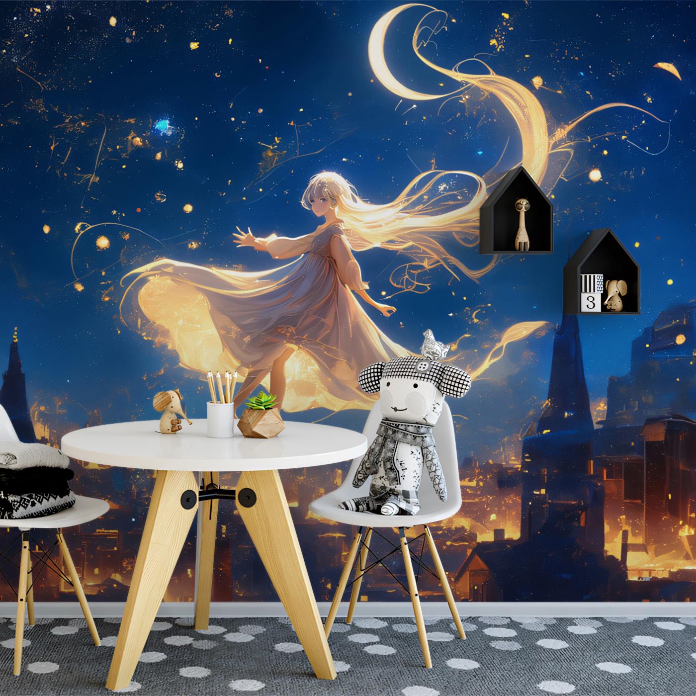 Starry Fantasy Girl Mural Wallpaper | Dark Blue, Gold, Multicolored｜Vivawalls