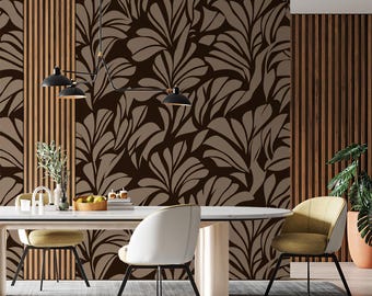 Mocha Leaf Flow Wallpaper – Deep Brown Botanical Accent for Modern Interiors Wallpaper Mural | Peel and Stick | Botanical Wallpaper