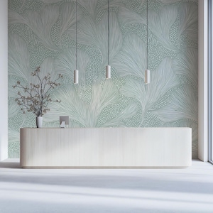 Carta da parati murale astratta con ginkgo / Foglie fluenti verde menta e bianche | Vivawalls