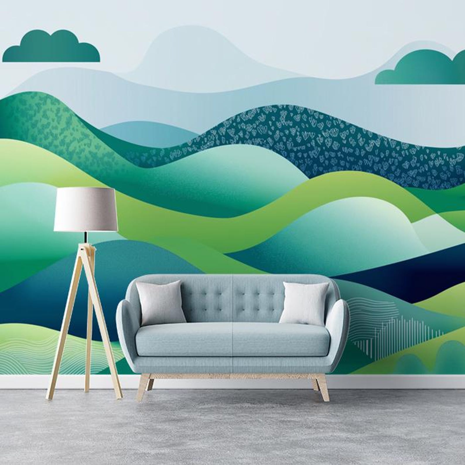 Rolling Hills Mural Wallpaper | Teal, Green, Blue|vivawalls - Etsy