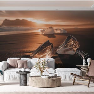 Carta da parati con tramonto sulla spiaggia di Diamond, murale minimalista con natura, arte con sabbia nera e ghiaccio islandese, decorazioni fotografiche costiere serene