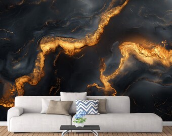 Black and Gold Marble : Modern Luxe Wall Decor Wallpaper Mural | Peel and Stick | Modern Wallpaper | Removable Wall Decor