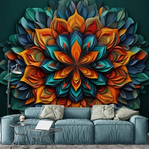 Carta da parati murale con mandala di petali multicolori / Colori vivaci e verde acqua per il soggiorno | Vivawalls