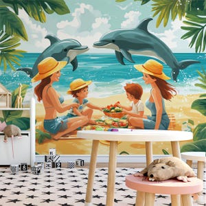 Carta da parati murale con delfini e famiglia sulla spiaggia nella cameretta dei bambini / Vari colori (blu, giallo, ecc.) Delfini e famiglia｜Vivawalls