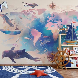 Weltkarte mit Delfinen Wandbild Tapete | Weltkarte in Blau, Pink und verschiedenen Pastelltönen