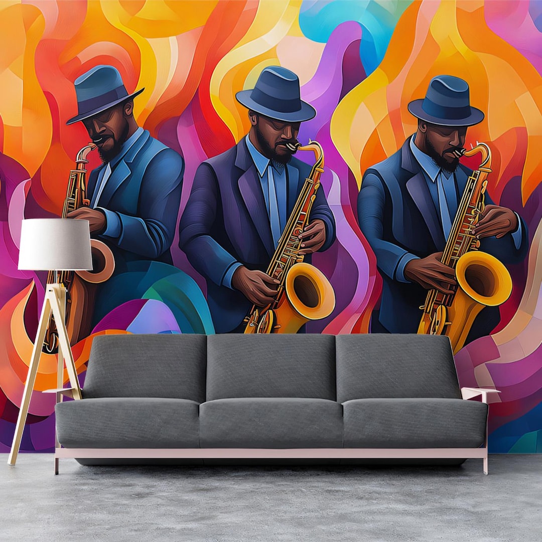 Soulful Saxophonist Mural Wallpaper | Passionate Jazz Rhapsody