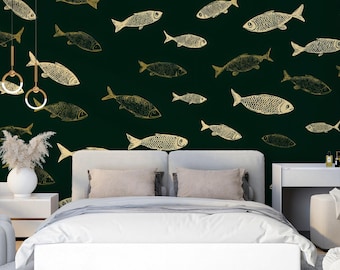 Vintage Fish Pattern Mural Wallpaper Mural | Peel and Stick | Rustic Nautical Print | Removable Wall Decor
