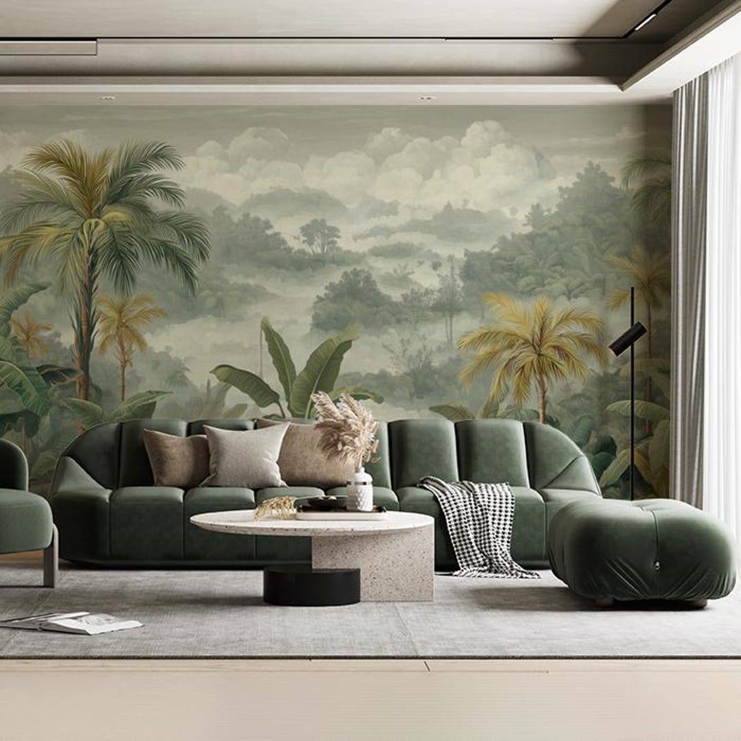 Tropical Jungle Mural Wallpaper | Lush Greenery With Misty Mountains - Etsy