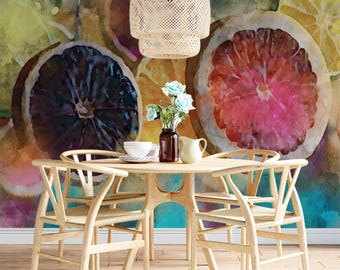 Carta da parati murale colorata con fette di agrumi ad acquerello / Arte con frutta fresca / VIVAWALLS