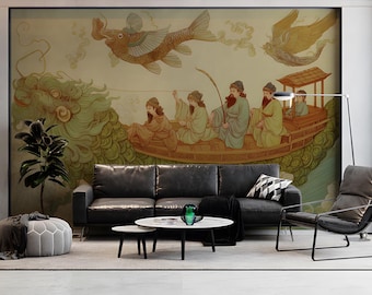 Mythical Fish Boat Mural Wallpaper — Traditional Eastern Art