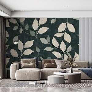 Botanical Leaf Wallpaper, Dark Green Mural with Cream Foliage, Minimal Nature-Inspired Peel & Stick or Paste Wall Decor