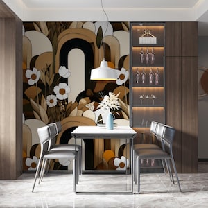 Carta da parati vintage Boho Arches, murale floreale marrone neutro con motivi a margherite e archi, decorazione murale retrò di metà secolo da staccare e attaccare