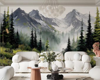 Majestic Alpine Pine Forest Mural - Textured Mountain Stream Painting | VIVAWALLS