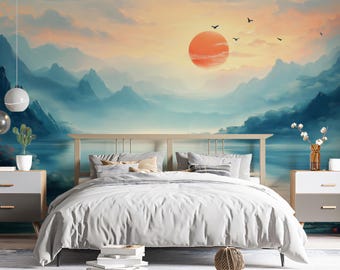 Mural de pared con diseño de aves al atardecer en la montaña / Autoadhesivo / Decoración natural y serena / Decoración de pared removible