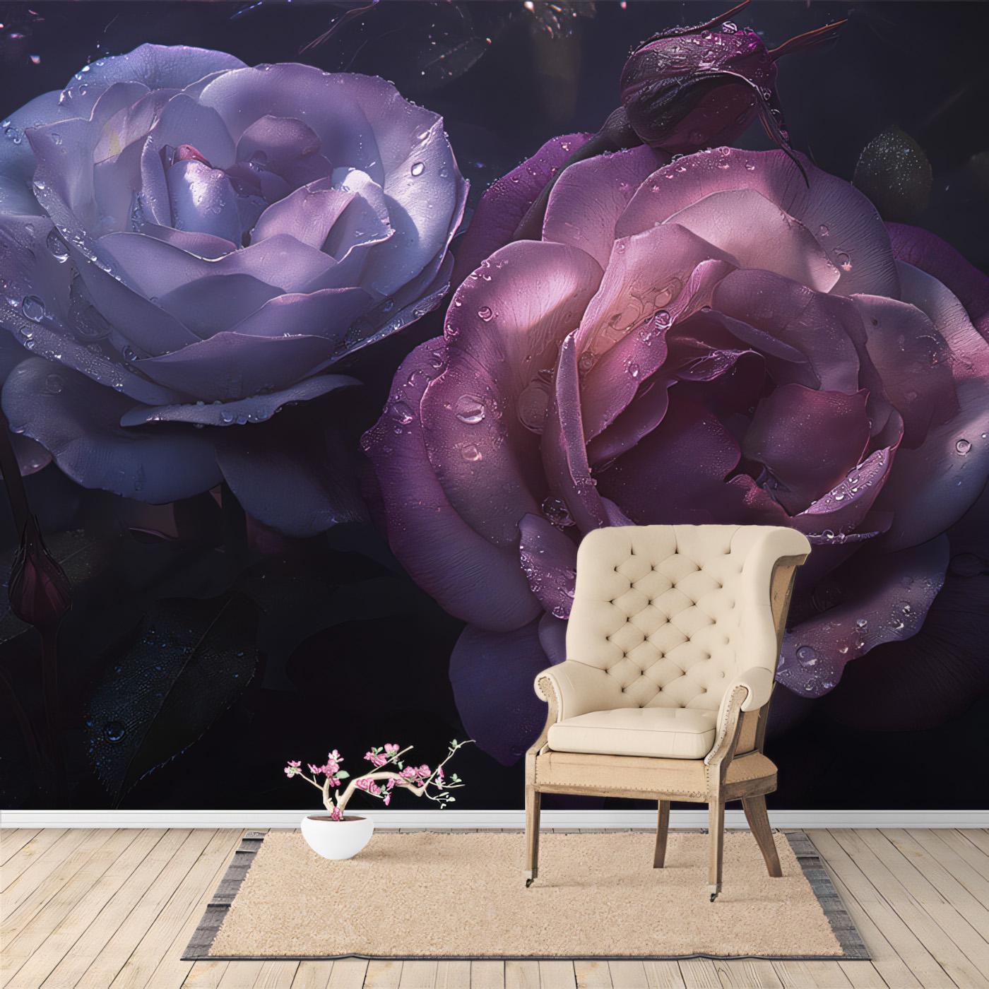 人物画 紫の背景 女性とバラ 紫のバラの壁画壁紙：エレガントな花柄の壁装飾 - Etsy 日本